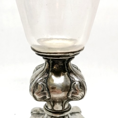 110 - Antique silver plated vessel with antique glass bowl - 25.5cm high ~ has obvious wear