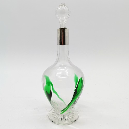 113 - Sterling silver marked collar Art Nouveau glass decanter with green overlay swirl decoration, 30cm h... 