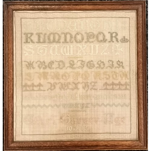 114 - Antique oak framed alphabet sampler by Ethel Garner age 10 1885, 45cm wide x 48cm high, colours slig... 