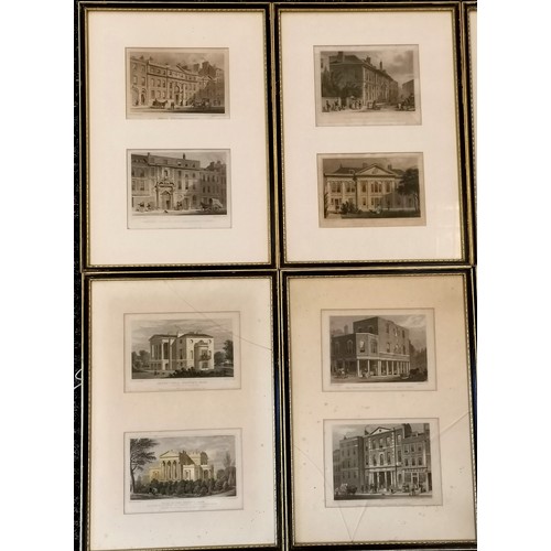 122 - Set of 10 framed engravings of assorted famous buildings in London, to include,  Apsley House, Hyde ... 