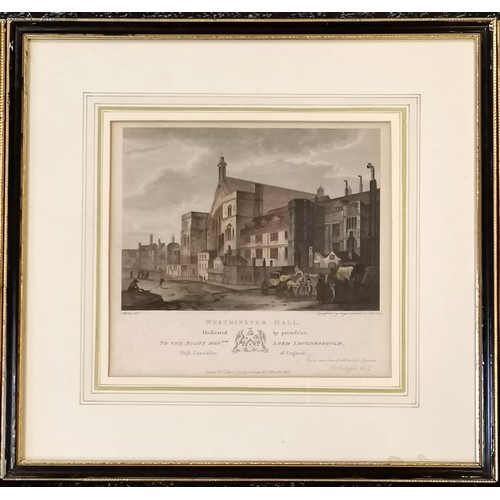 124 - Set of 3 framed engravings of Architectural scenes to include Westminster Hall, Temple Bar & The Eas... 