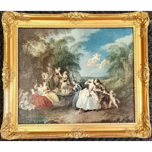 125 - Gilt framed print of a Classical garden scene with cherubs, good overall condition, 75cm wide x 65cm... 