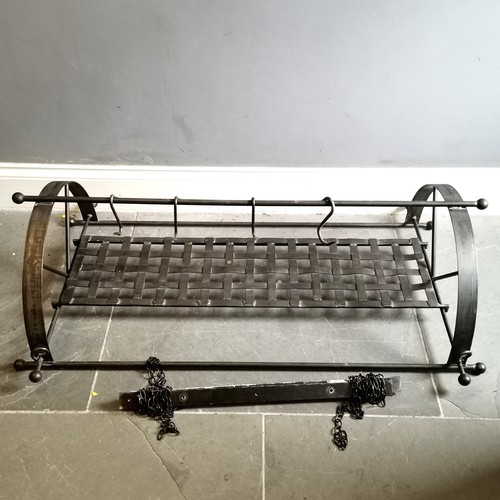 126 - Vintage Hand forged iron Kitchen ceiling rack with sliding pan shelf, ceiling mounting brackets, hoo... 