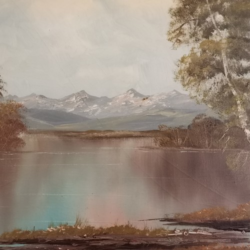 127 - Oil painting on canvas of a lake / trees / mountains with label on reverse identifying artist as Blo... 