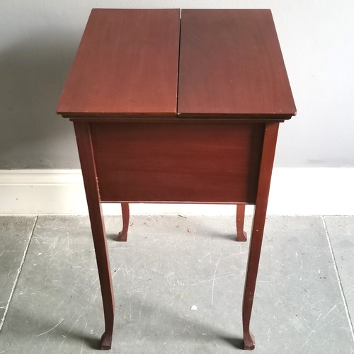 135 - Edwardian mahogany sewing cabinet with original pink silk lining, sprung drawer & double hinged lid ... 