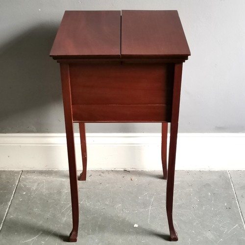 135 - Edwardian mahogany sewing cabinet with original pink silk lining, sprung drawer & double hinged lid ... 