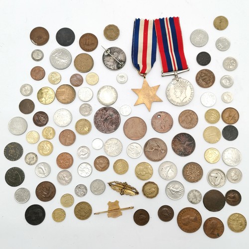 163 - WWII France and Germany star medal, war medal, RAF sweetheart brooch etc t/w qty of coins inc 1889 Q... 