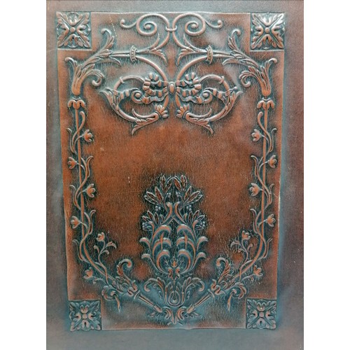 168 - Liberty Arts & Crafts leather tooled fire screen attached to a wooden frame with leather stringing 8... 