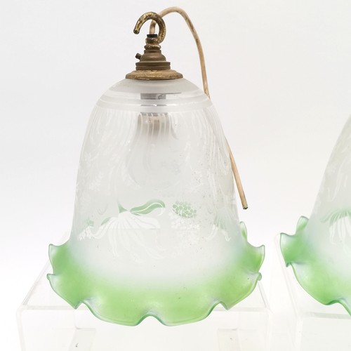 178 - Pair of etched glass ceiling lights with green rim (26cm high) t/w 2 smaller etched glass ceiling li... 