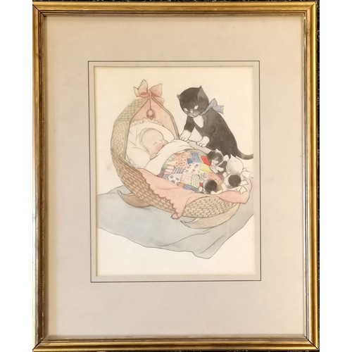 180 - Framed watercolour painting of a child in a crib with a cat and kittens - frame 41cm x 34cm - no obv... 