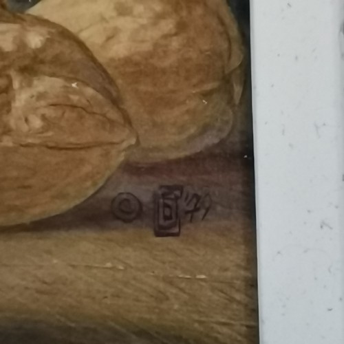 181 - Framed oil on board painting of walnuts with a monogram Gouache - slight stress cracks to frame - fr... 