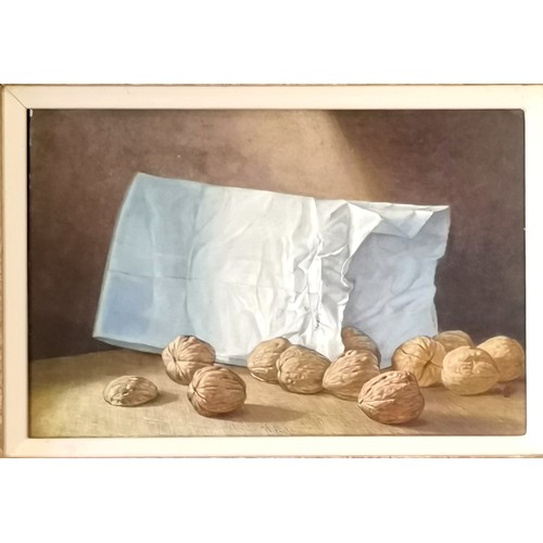 181 - Framed oil on board painting of walnuts with a monogram Gouache - slight stress cracks to frame - fr... 