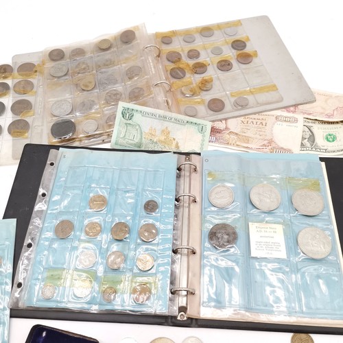 194 - Qty of coins inc silver 3d's & 2 x Austria 50 schillings + banknotes + 2 coin albums (a/f) ~ silver ... 