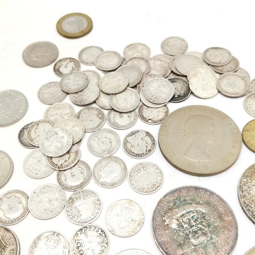 194 - Qty of coins inc silver 3d's & 2 x Austria 50 schillings + banknotes + 2 coin albums (a/f) ~ silver ... 