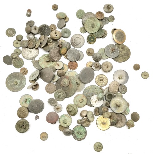 200 - Box containing metal detecting finds inc bronze buckles, antique buttons, pottery shards, toothed br... 