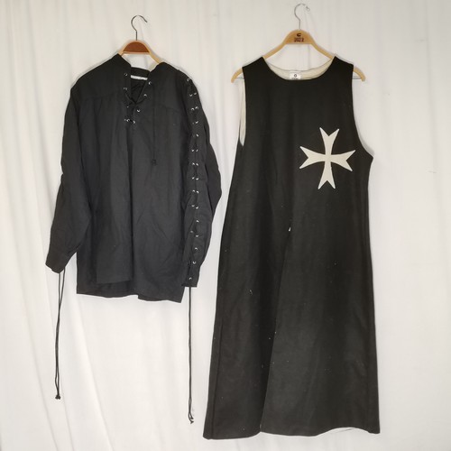 208 - Knights hospitaller hooded wool & cotton re-enactment cloak t/w medieval shirt, surcoat and trousers... 