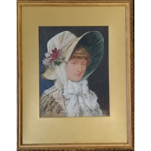 226 - Augustus Jules Bouvier (1827-81) watercolour of a lady wearing a bonnet - frame 60cm x 47cm ~ has la... 