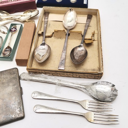 228 - Qty of plated ware inc loose cutlery, boxed christening set, cigarettes case etc - SOLD ON BEHALF OF... 