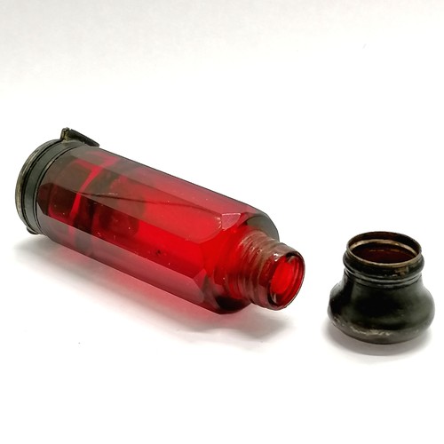 230 - Antique cranberry cut glass double ended scent bottle / vinaigrette with unmarkd silver fittings - 8... 