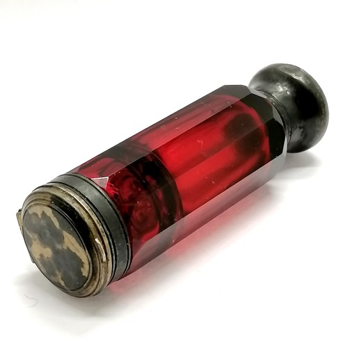 230 - Antique cranberry cut glass double ended scent bottle / vinaigrette with unmarkd silver fittings - 8... 