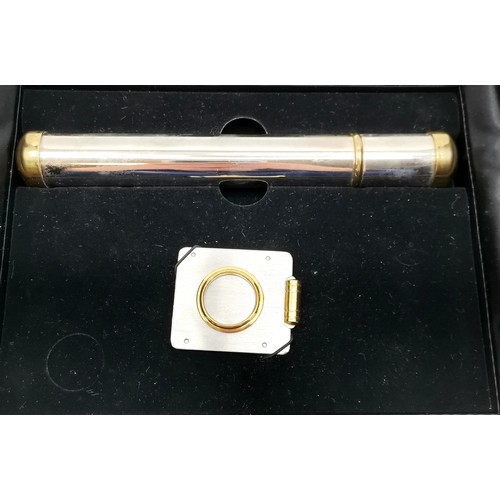 235 - Boxed presentation silver plated large cigar shute with gold plated detail (17cm) with stainless ste... 