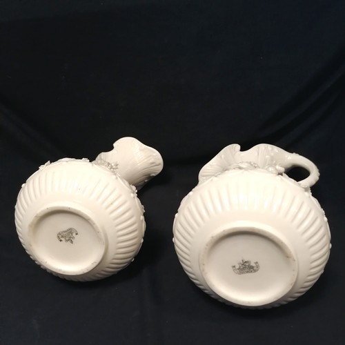 367 - Belleek antique pair of ewers with encrusted decoration - 24cm high ~ slight losses to encrusted det... 