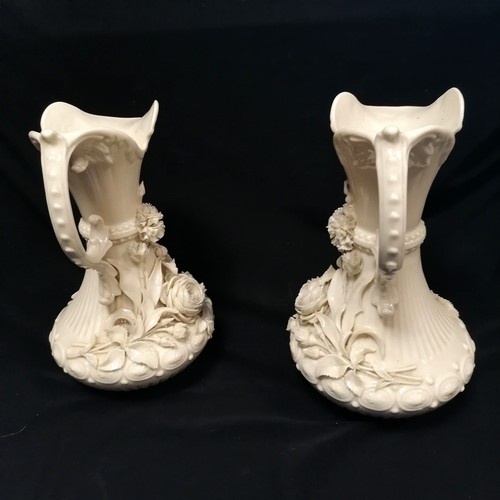 367 - Belleek antique pair of ewers with encrusted decoration - 24cm high ~ slight losses to encrusted det... 