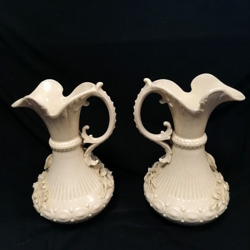 367 - Belleek antique pair of ewers with encrusted decoration - 24cm high ~ slight losses to encrusted det... 