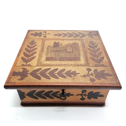 368 - Antique Irish Killarney ware box with parquetry detail of an abbey / church with oak leaf detail and... 