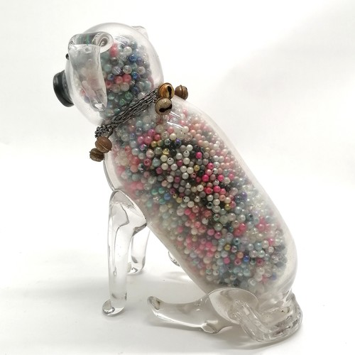 3 - Unusual novelty glass dog figure filled with beads & has a metal chain collar with bells - 18.5cm hi... 