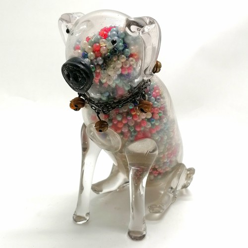 3 - Unusual novelty glass dog figure filled with beads & has a metal chain collar with bells - 18.5cm hi... 