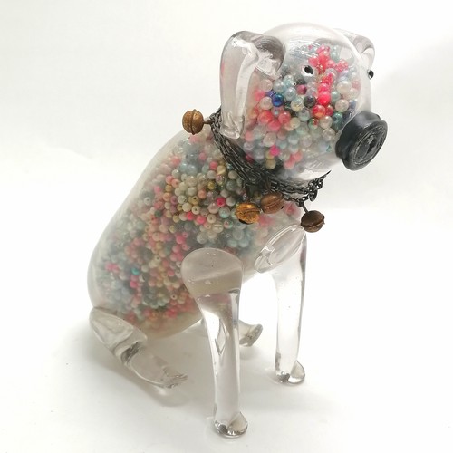 3 - Unusual novelty glass dog figure filled with beads & has a metal chain collar with bells - 18.5cm hi... 