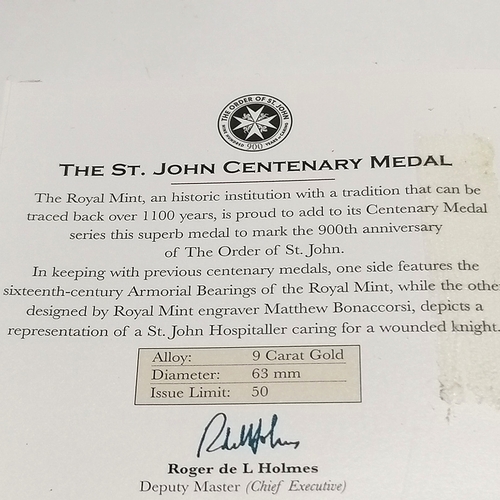 219 - Royal Mint 9ct hallmarked gold St John Centenary medal (900th anniversary) by Matthew Bonaccorsi in ... 