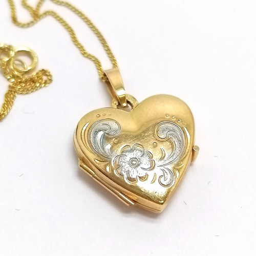 437 - 9ct hallmarked 2-tone gold heart shaped locket on 9ct marked gold 40cm neckchain - total weight 2.2g... 