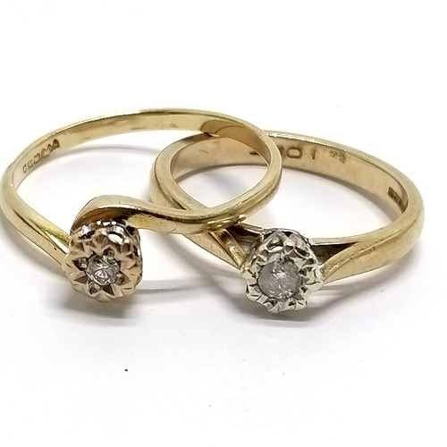 452 - 3 x 9ct hallmarked gold diamond set rings (inc 2 solitaires) - size L to R½ & 5.6g total weight