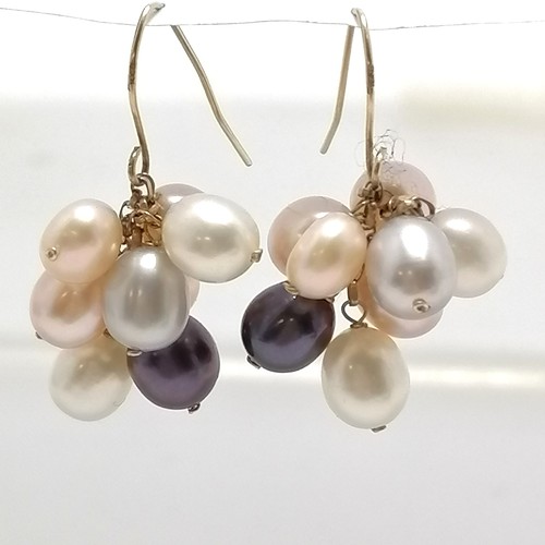 453 - Pair of 14ct marked gold multi coloured pearl drop earrings - 6.6g total weight