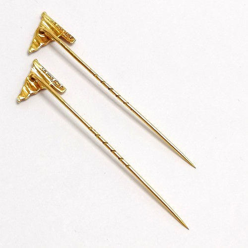 464 - 2 x 9ct hallmarked gold SACGB (Shark Angling Club of Great Britain) stick / tie pins with enamel det... 