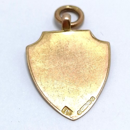 482 - Antique 9ct hallmarked gold shield shaped fob - 3cm & 2g