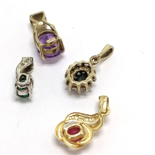 491 - 4 x gold stone set pendants - 18ct ruby & rest 9ct inc amethyst, sapphire / diamond cluster etc - to... 