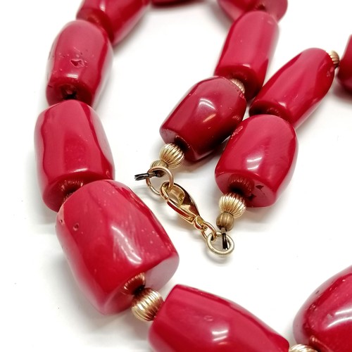 512 - Strand of red coral beads with unmarked gold spacers - 40cm & 158g total weight