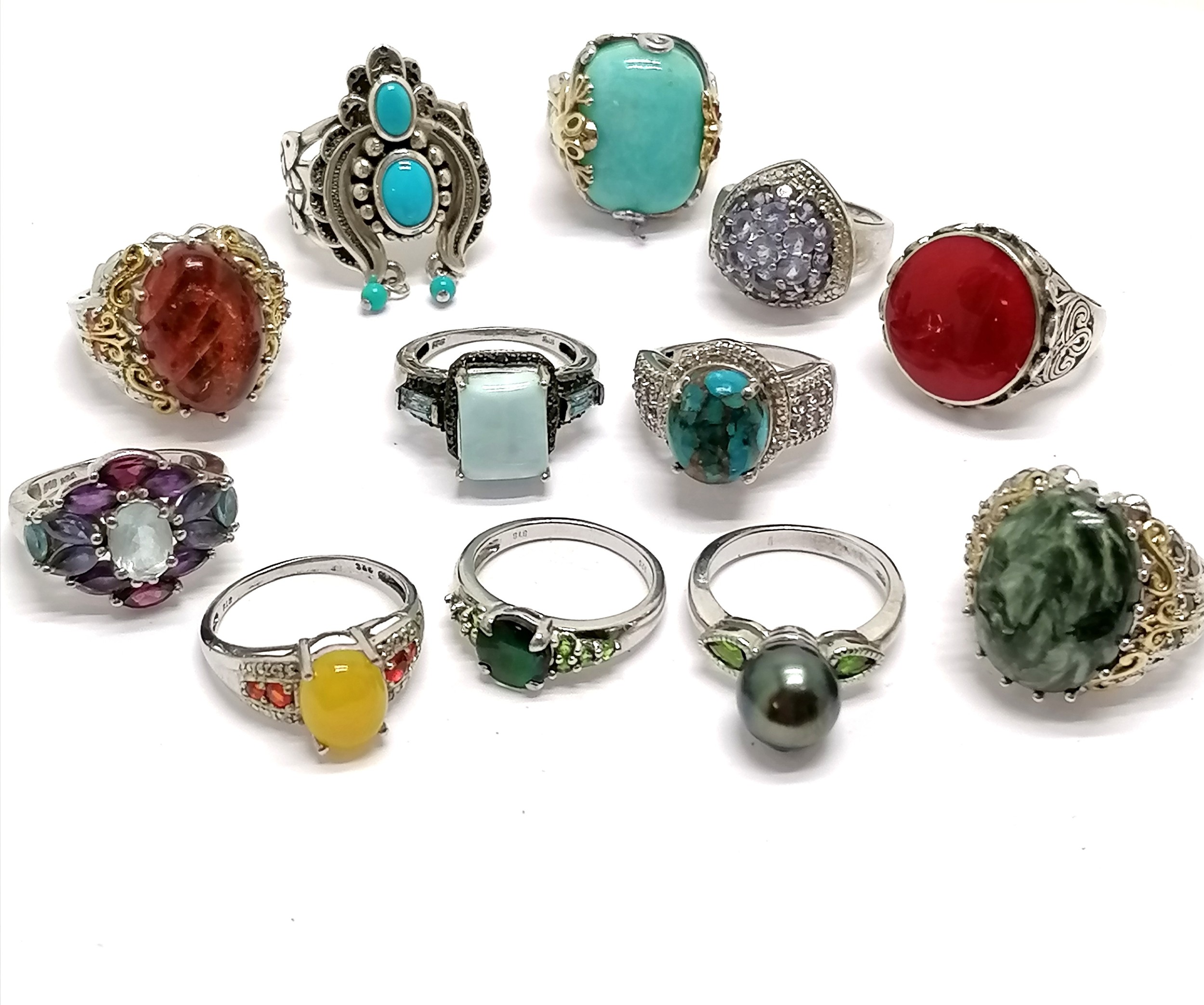 12 x silver marked stone set rings inc blue stone with frog / butterfly ...