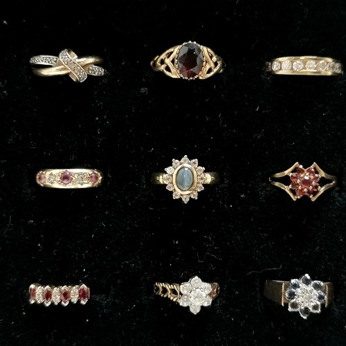 547 - Pad of 36 x 9ct gold stone set rings inc opal, ruby, emerald, diamond, garnet etc - total weight (lo... 