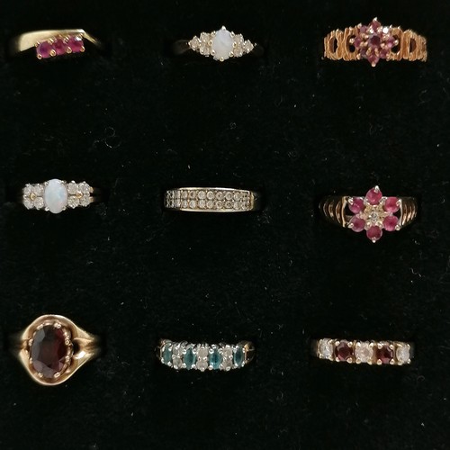 547 - Pad of 36 x 9ct gold stone set rings inc opal, ruby, emerald, diamond, garnet etc - total weight (lo... 