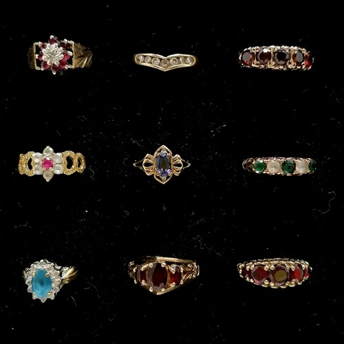 547 - Pad of 36 x 9ct gold stone set rings inc opal, ruby, emerald, diamond, garnet etc - total weight (lo... 