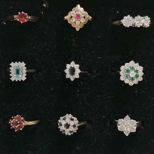 547 - Pad of 36 x 9ct gold stone set rings inc opal, ruby, emerald, diamond, garnet etc - total weight (lo... 