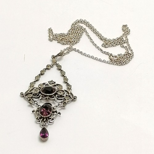 550 - Antique unmarked silver paste purple + white stone set pendant (6.5cm drop) on a silver 60cm chain -... 