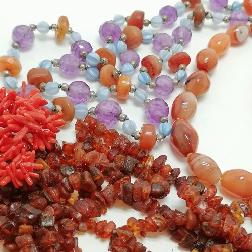 576 - Long strand of raw amber beads (200cm & 77g) t/w 3 x coral and hardstone bead necklaces - SOLD ON BE... 