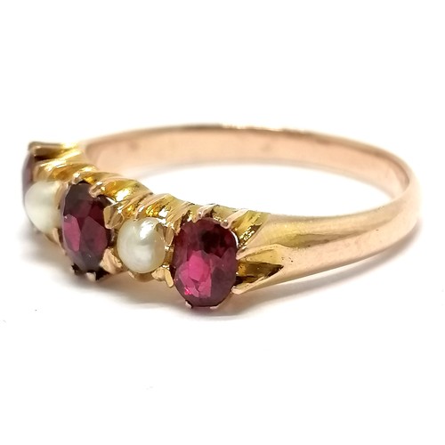 Unmarked gold (touch tests as 14ct) ruby & pearl set ring - size Q½ & 3 ...