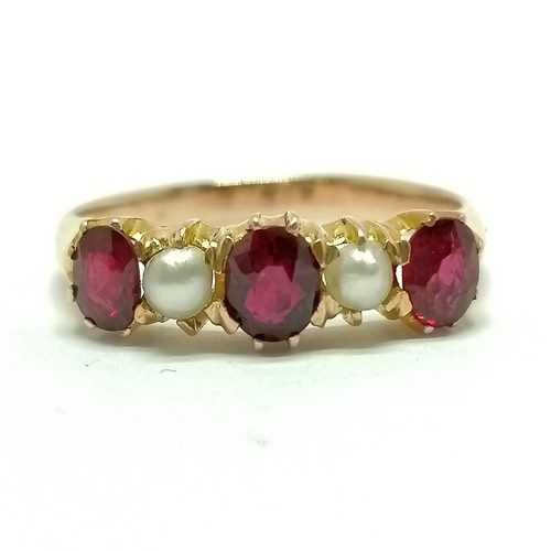 Unmarked gold (touch tests as 14ct) ruby & pearl set ring - size Q½ & 3 ...