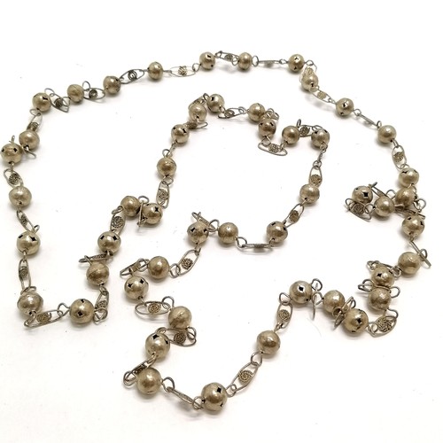 641 - Hand made unmarked silver long chain necklace with bead & panel detail - 180cm & 75g